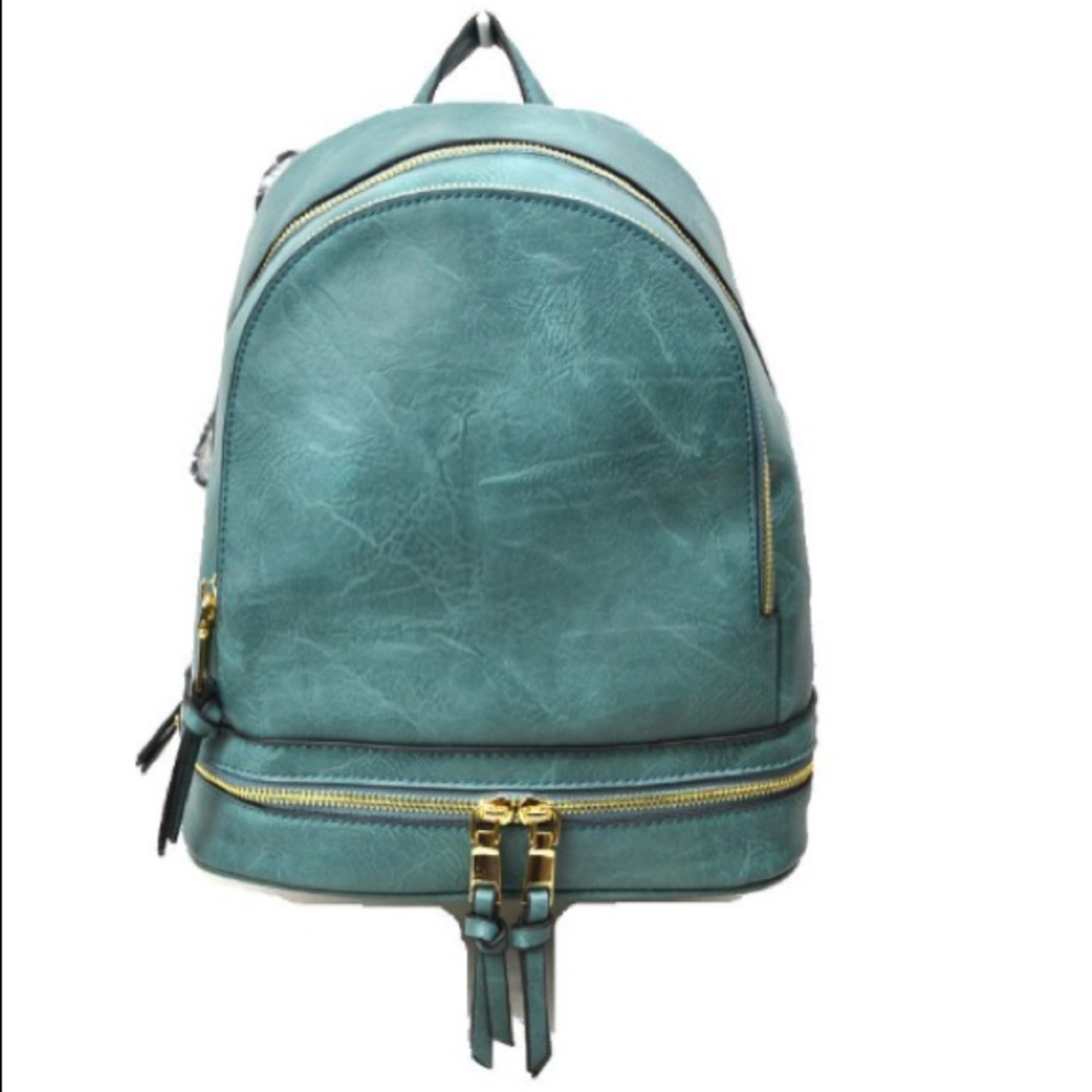 Blue Faux Leather 3 Zipper Backpack